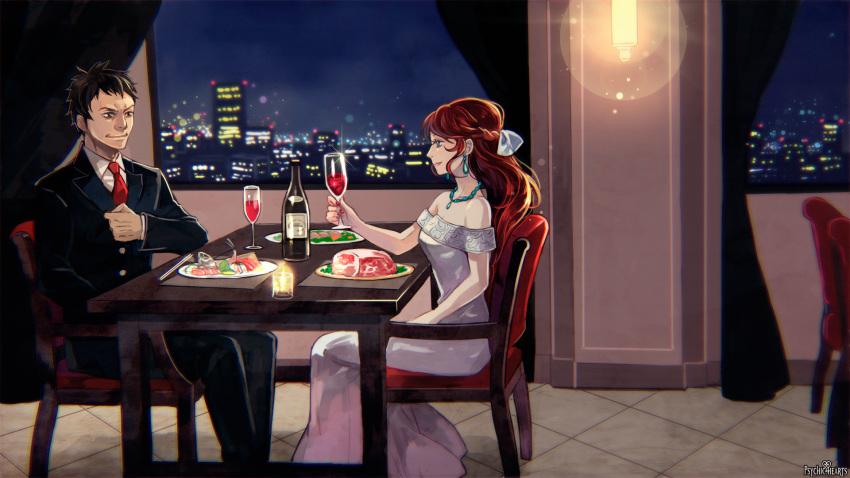 1boy 1girl alcohol bare_shoulders black_hair black_suit blue_eyes bottle braid breasts candle chair chopsticks copyright_name cup curtains dress drinking_glass eye_contact fish_(food) food formal hetero highres holding holding_cup indoors jewelry kasumi_(tw) lamp long_sleeves looking_at_another meat necklace necktie night plate psychic_hearts red_hair red_nails red_necktie restaurant sitting skyline small_breasts suit tile_floor tiles white_dress window wine wine_bottle wine_glass