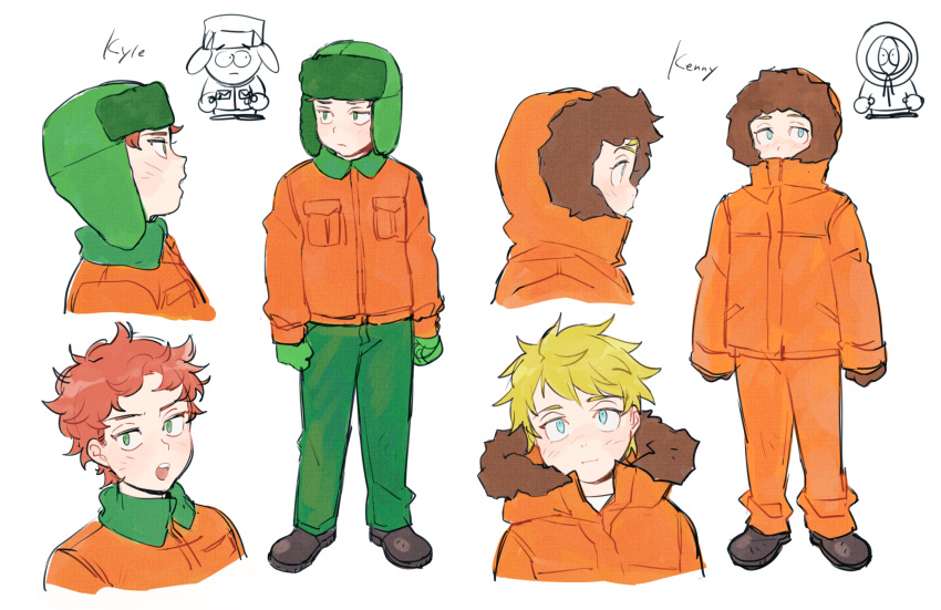 2boys blonde_hair blue_eyes character_name closed_mouth commentary_request fur-trimmed_jacket fur_hat fur_trim gloves green_eyes green_gloves green_headwear green_pants hat highres hood hood_down hooded_jacket jacket kenny_mccormick kyle_broflovski light_blush looking_at_viewer male_focus multiple_boys multiple_views nano8 open_mouth orange_hair orange_jacket pants short_hair simple_background south_park ushanka white_background