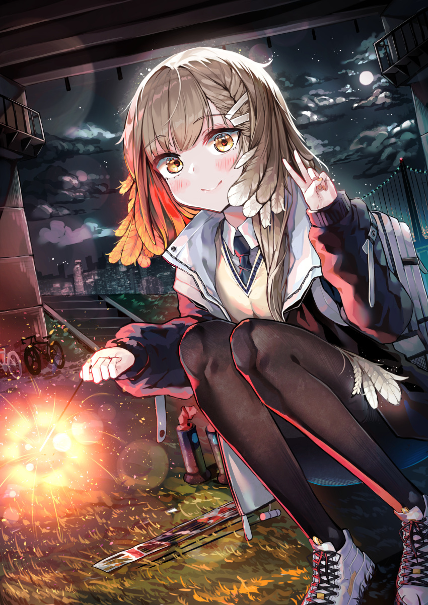 1girl :&gt; absurdres arknights bicycle bird_girl black_jacket black_necktie black_pantyhose blue_necktie blush braid breasts brown_hair chewi cityscape closed_mouth cloud cloudy_sky collared_shirt eyes_visible_through_hair feather_hair firewhistle_(arknights) fireworks full_body full_moon gradient_hair grass ground_vehicle hair_between_eyes hair_ornament hairclip hand_up highres holding_fireworks jacket light_brown_hair long_hair long_sleeves looking_at_viewer messy_hair moon multicolored_hair necktie night night_sky on_grass open_clothes open_jacket orange_hair outdoors pantyhose red_hair school_uniform shirt shoes single_sidelock sky small_breasts smile sneakers solo sparkler squatting stairs sweater_vest under_bridge v very_long_hair white_footwear white_shirt white_sneakers yellow_eyes yellow_sweater_vest