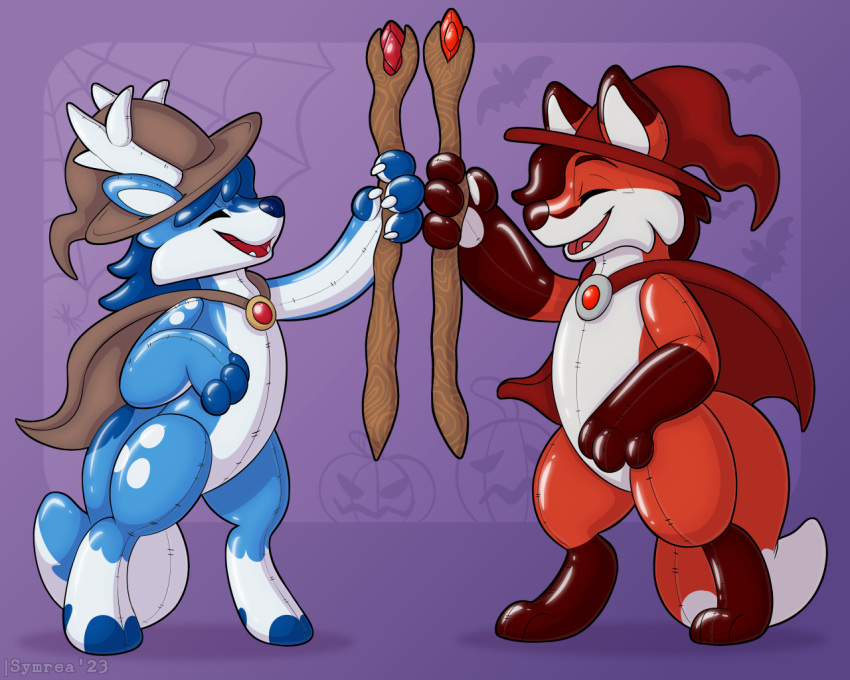 5:4 animate_inanimate antlers blue_body canid canine duo eyes_closed fox hooves horn inflatable living_inflatable mammal mane pool_toy red_body simple_background symrea