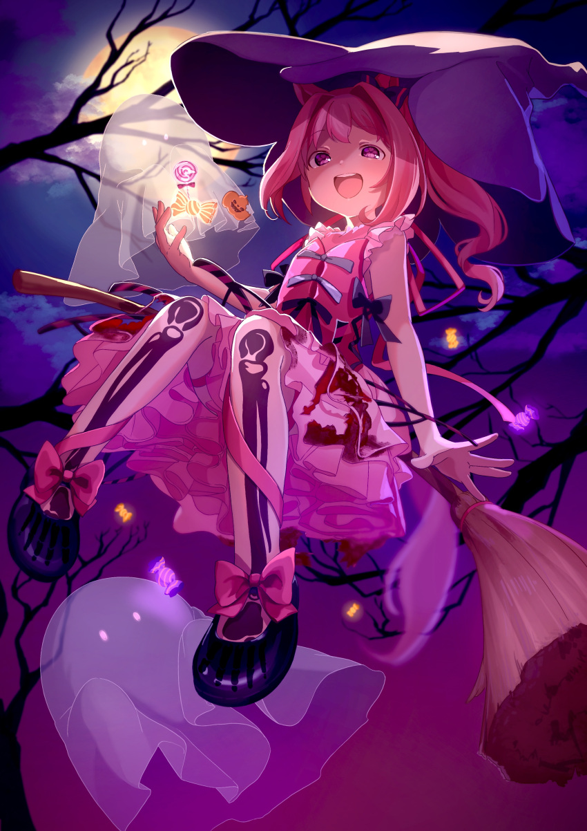 1girl :d absurdres animal_ears bare_tree black_footwear blood blood_on_clothes bone_print broom broom_riding candy dress flat_chest food full_moon ghost halloween haru_urara_(umamusume) hat highres horse_ears lollipop moko39_takasora moon night night_sky outdoors pink_dress purple_headwear sidesaddle sky sleeveless smile solo tree umamusume witch witch_hat wrapped_candy