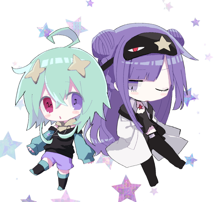 2girls ahoge aqua_footwear aqua_sleeves black_choker black_hoodie black_jacket black_pants black_shirt black_thighhighs chibi choker colored_eyelashes crossed_bangs hair_between_eyes hand_in_pocket heterochromia highres hood hoodie jacket jewelry lab_coat light_green_hair long_hair multiple_girls necklace no_nose one_eye_closed open_clothes open_jacket open_mouth original pants pink_eyes purple_eyes purple_hair purple_shorts shirt short_hair_with_long_locks shorts sleep_mask sleeveless sleeveless_hoodie sleeves_past_wrists sparkle_hair_ornament star_(symbol) symbol-shaped_pupils thighhighs usagi_nui yellow_hoodie