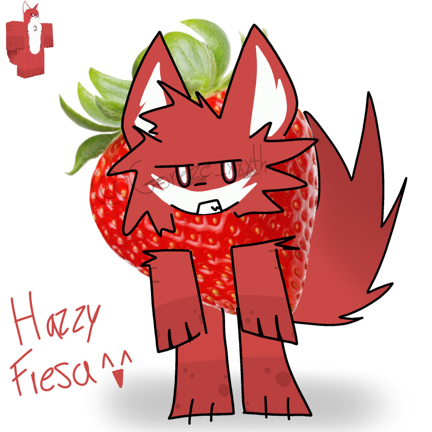 anthro food fruit fur hair hazzy_(kaiju_paradise) hi_res humanoid kaiju_paradise male male/male plant red_body red_eyes retrofurguy roblox simple_background solo strawberry white_background white_hair