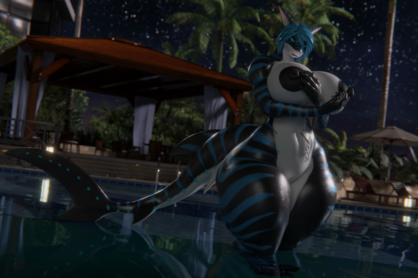 3d_(artwork) abs absurd_res anthro areola big_breasts black_areola black_nipples blue_hair breasts claws digital_media_(artwork) female fish genitals hair hand_on_breast hi_res huge_breasts jigjig looking_at_viewer marine multicolored_body night nika_sharkeh nipples piercing pussy shark sharp_claws solo swimming_pool tail tattoo thick_thighs water wide_hips