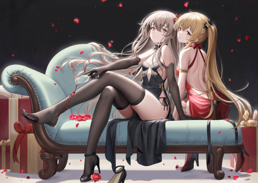 2girls arm_support armlet backless_dress backless_outfit bare_shoulders black_background black_choker black_dress black_gloves black_thighhighs box breasts chair choker closed_mouth crossed_bangs crossed_legs cup dress drink drinking_glass elbow_gloves falling_petals flower from_behind gift gift_box girls'_frontline gloves grey_hair hair_between_eyes haneru high_heels highres holding holding_cup light long_hair looking_at_viewer looking_back lounge_chair multiple_girls no_shoes orange_eyes petals red_dress red_eyes red_flower scar scar_across_eye shoes shoes_removed sidelocks sitting sleeveless sleeveless_dress small_breasts thighhighs ump45_(girls'_frontline) ump9_(girls'_frontline) wine_glass