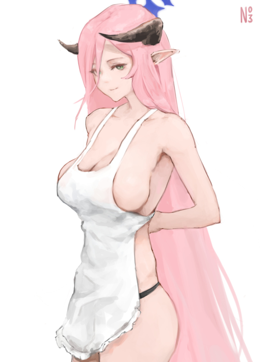 1girl apron black_panties blue_archive blue_halo breasts closed_mouth collarbone green_eyes halo highres horns juri_(blue_archive) large_breasts long_hair looking_at_viewer naked_apron numb3r_3 panties pink_hair pointy_ears simple_background smile solo underwear white_apron white_background