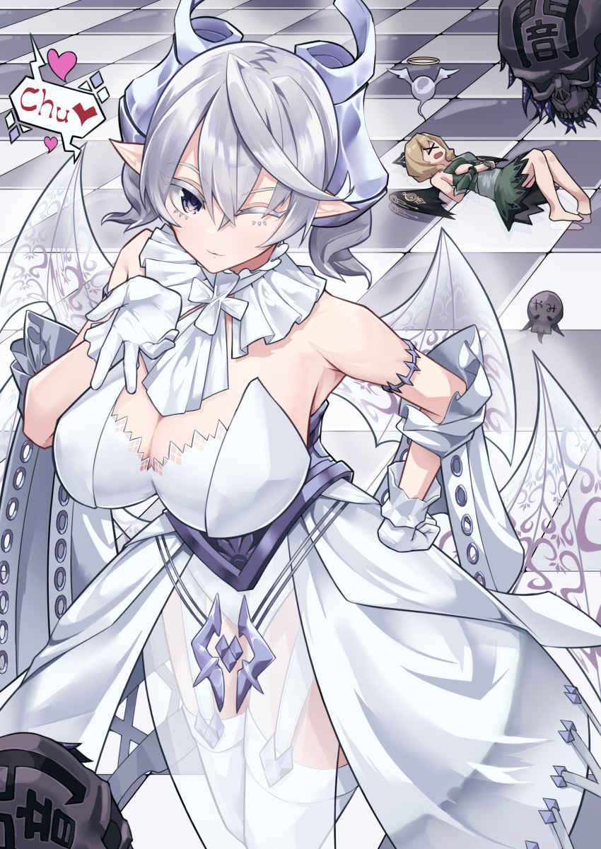 2girls absurdres armpits blowing_kiss breasts checkered_floor cleavage demon_girl demon_wings dress duel_monster eradicator_epidemic_virus fairy gameplay_mechanics giving_up_the_ghost gloves grey_eyes grey_hair highres hugin_the_runick_wings large_breasts leotard lovely_labrynth_of_the_silver_castle low_wings multiple_girls nanamilem one_eye_closed pointy_ears solo_focus strapless strapless_dress twintails virus wings yu-gi-oh!