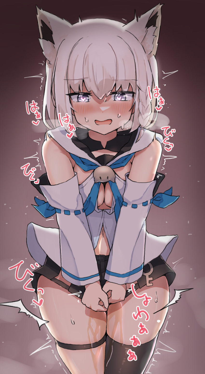 1girl absurdres animal_ear_fluff animal_ears bare_shoulders black_shorts black_thighhighs blue_neckerchief blush braid breasts cleavage commentary_request cowboy_shot detached_sleeves fox_ears fox_girl front_slit grey_eyes have_to_pee heart heart-shaped_pupils highres hololive long_hair medium_breasts neckerchief open_mouth pee peeing peeing_self sailor_collar shirakami_fubuki short_shorts shorts side_braid sinasimu4746 single_braid single_thighhigh solo sweat symbol-shaped_pupils thigh_strap thighhighs virtual_youtuber white_hair white_sailor_collar white_sleeves wide_sleeves