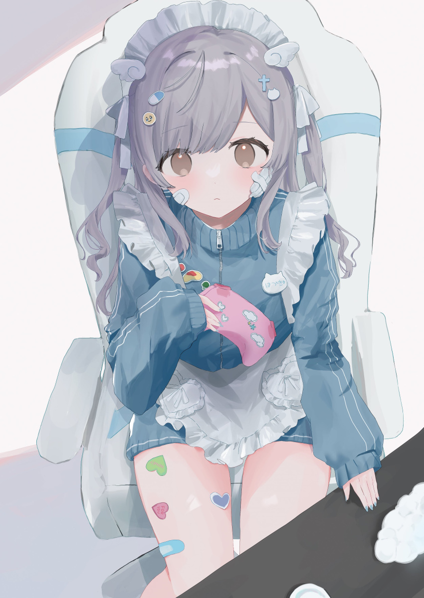 1girl :&lt; absurdres apron badge bandage_on_face bandages bandaid bandaid_on_cheek bandaid_on_face bandaid_on_thigh blue_jacket blue_nails borrowed_character brown_eyes button_badge chair controller cross_hair_ornament game_controller gamepad gaming_chair grey_hair hair_ornament hazuki_(mechiru) highres holding holding_controller holding_game_controller jacket kohaku_sogo long_hair looking_at_viewer maid_apron maid_headdress name_tag original pill_hair_ornament sitting solo swivel_chair track_jacket two_side_up wing_hair_ornament zipper zipper_pull_tab