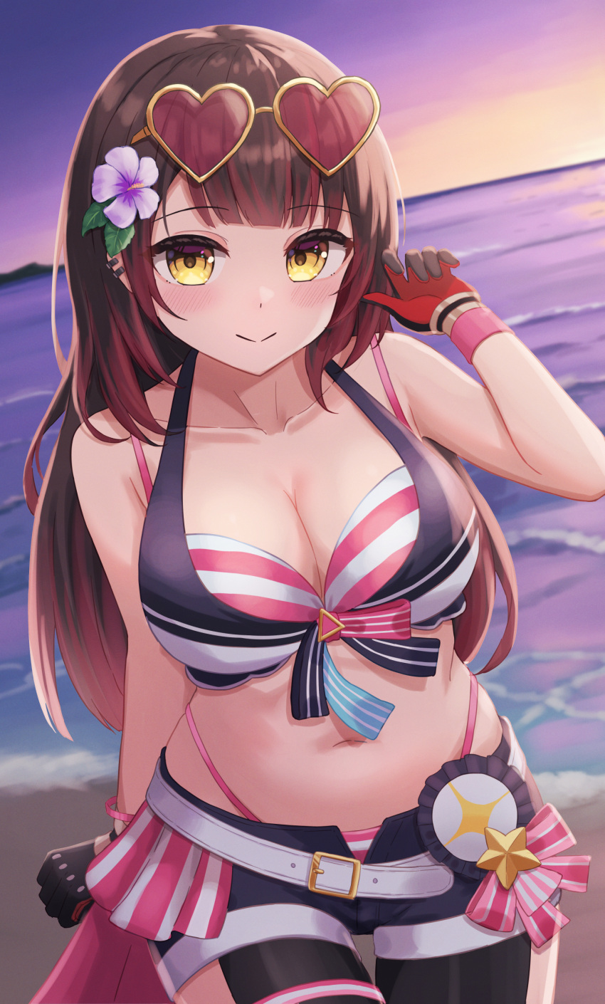 1girl absurdres android bare_shoulders beach belt bikini bikini_skirt bikini_under_shorts blush breasts brown_hair cleavage eyewear_on_head gradient_hair hair_between_eyes hair_ornament heart heart-shaped_eyewear highleg highleg_bikini highres hololive hololive_summer_2023_swimsuit large_breasts layered_bikini long_hair looking_at_viewer mechanical_arms mechanical_legs multicolored_hair navel open_mouth outdoors roboco-san smile solo striped striped_bikini swimsuit thigh_strap two-tone_bikini typho virtual_youtuber white_belt yellow_eyes