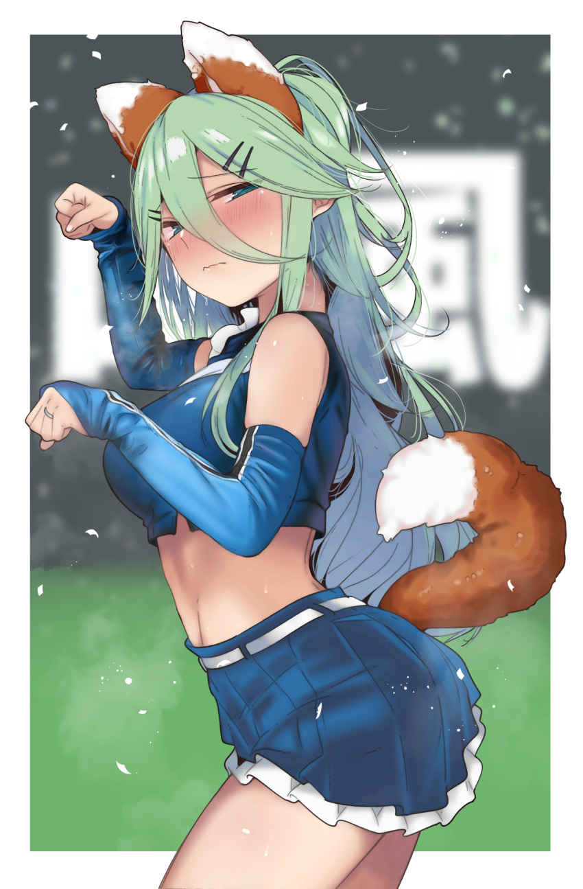 1girl animal_ears aqua_eyes blue_skirt blush cheerleader closed_mouth cowboy_shot fox_ears fox_tail frilled_skirt frills from_side green_hair hair_between_eyes hair_ornament hairclip highres hokkaido_nippon-ham_fighters jewelry kantai_collection kitsune_dance long_hair looking_at_viewer pleated_skirt ponytail ring sidelocks skirt solo suzuki_toto tail wedding_ring yamakaze_(kancolle)