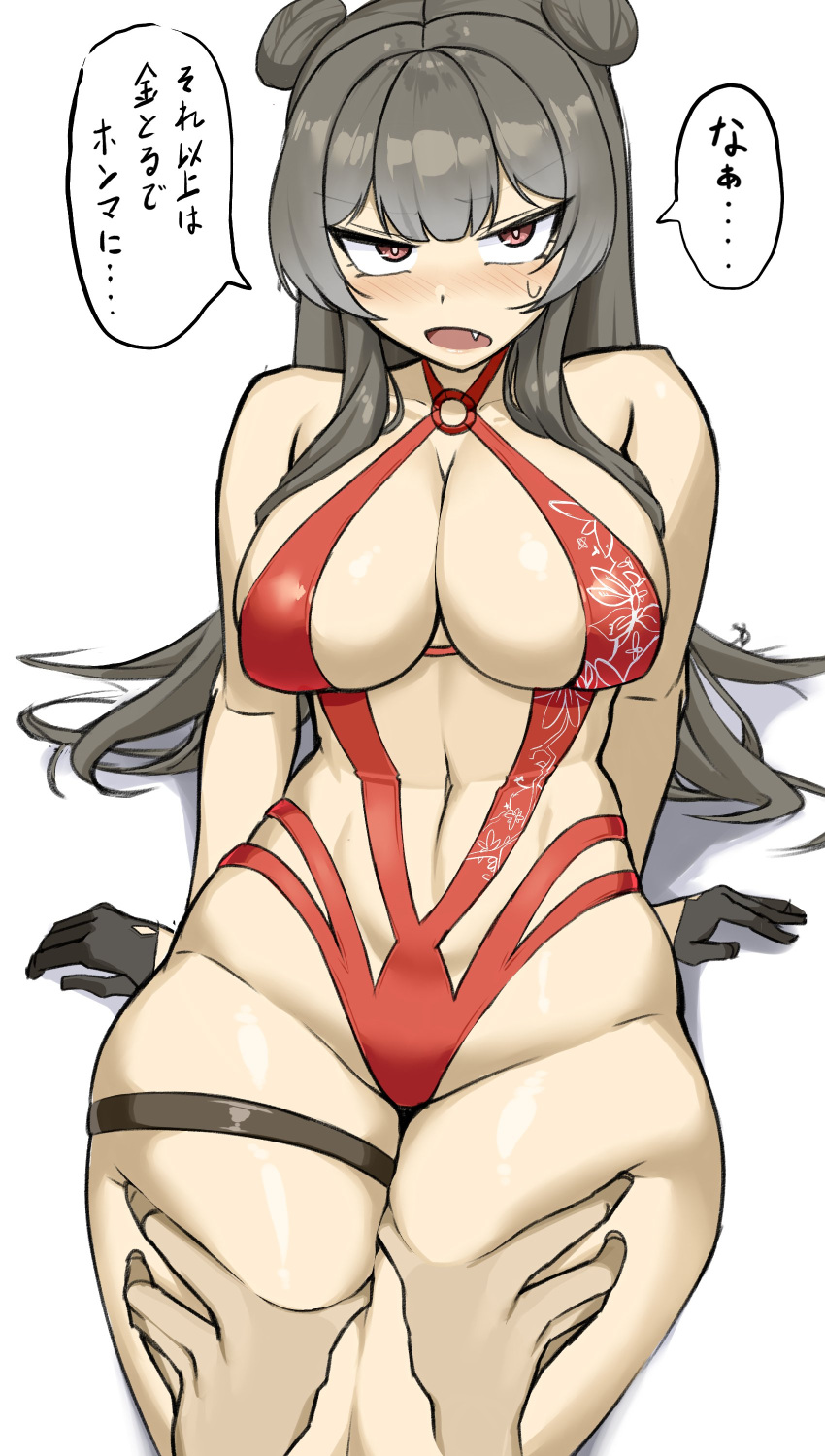 1boy absurdres black_gloves blush d: deep_skin double_bun fang gloves goddess_of_victory:_nikke goma. grey_hair hair_bun half_gloves highres looking_at_viewer official_alternate_costume one-piece_swimsuit open_mouth red_eyes red_one-piece_swimsuit swimsuit thigh_grab thigh_strap yan_(nikke) yan_(sunrise_market)_(nikke)