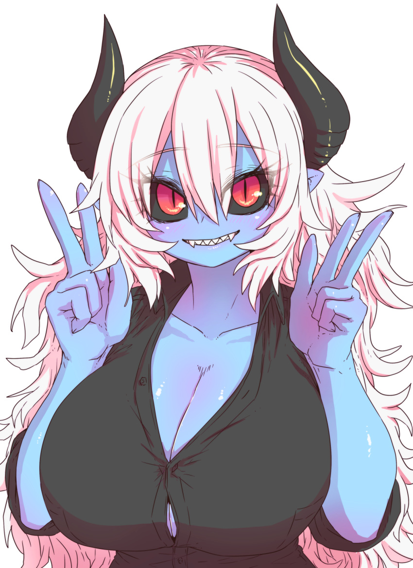 1girl aohada_bocchi black_horns black_sclera blue_skin blush breasts cleavage collarbone colored_sclera colored_skin curvy demon_girl demon_horns demon_tail double_v hands_on_own_hips highres horns huge_breasts long_hair pointy_ears red_eyes ruri_(aohada_bocchi) sharp_teeth skirt smile solo tail tank_top teeth unbuttoned unbuttoned_shirt v white_background white_hair zyugoya