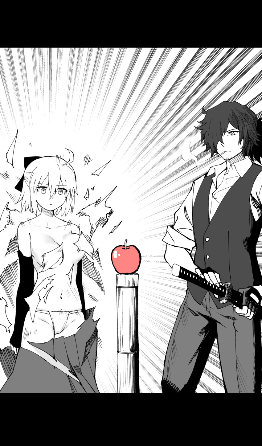 1boy 1girl ahoge apple bow breasts cigarette cleavage closed_mouth collarbone collared_shirt detached_sleeves emphasis_lines expressionless fate/grand_order fate_(series) food fruit groin hair_bow hair_over_one_eye highres hirunagi japanese_clothes katana large_breasts long_hair long_sleeves okada_izou_(fate) okita_souji_(fate) pants ponytail sheath sheathed shirt short_hair smoke smoking spot_color sword torn_clothes vest weapon