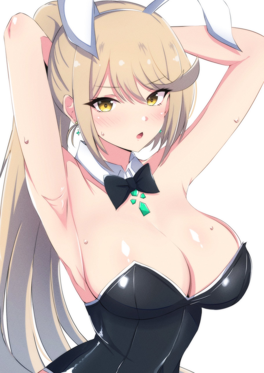 1girl absurdres animal_ears armpit_focus armpits bare_shoulders black_leotard blonde_hair blush breasts chest_jewel cleavage core_crystal_(xenoblade) detached_collar earrings fake_animal_ears headpiece highres jewelry large_breasts latte leotard long_hair looking_at_viewer mythra_(xenoblade) playboy_bunny rabbit_ears strapless strapless_leotard swept_bangs tiara upper_body very_long_hair xenoblade_chronicles_(series) xenoblade_chronicles_2 yellow_eyes