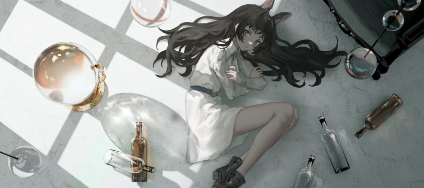 1girl absurdres animal_ears bare_legs black_footwear blue_eyes bottle closed_mouth collared_shirt crossed_arms expressionless floor from_above hair_spread_out highres long_hair long_sleeves looking_at_viewer lying mira_(345toron) on_side original rabbit_ears shirt skirt solo white_shirt white_skirt