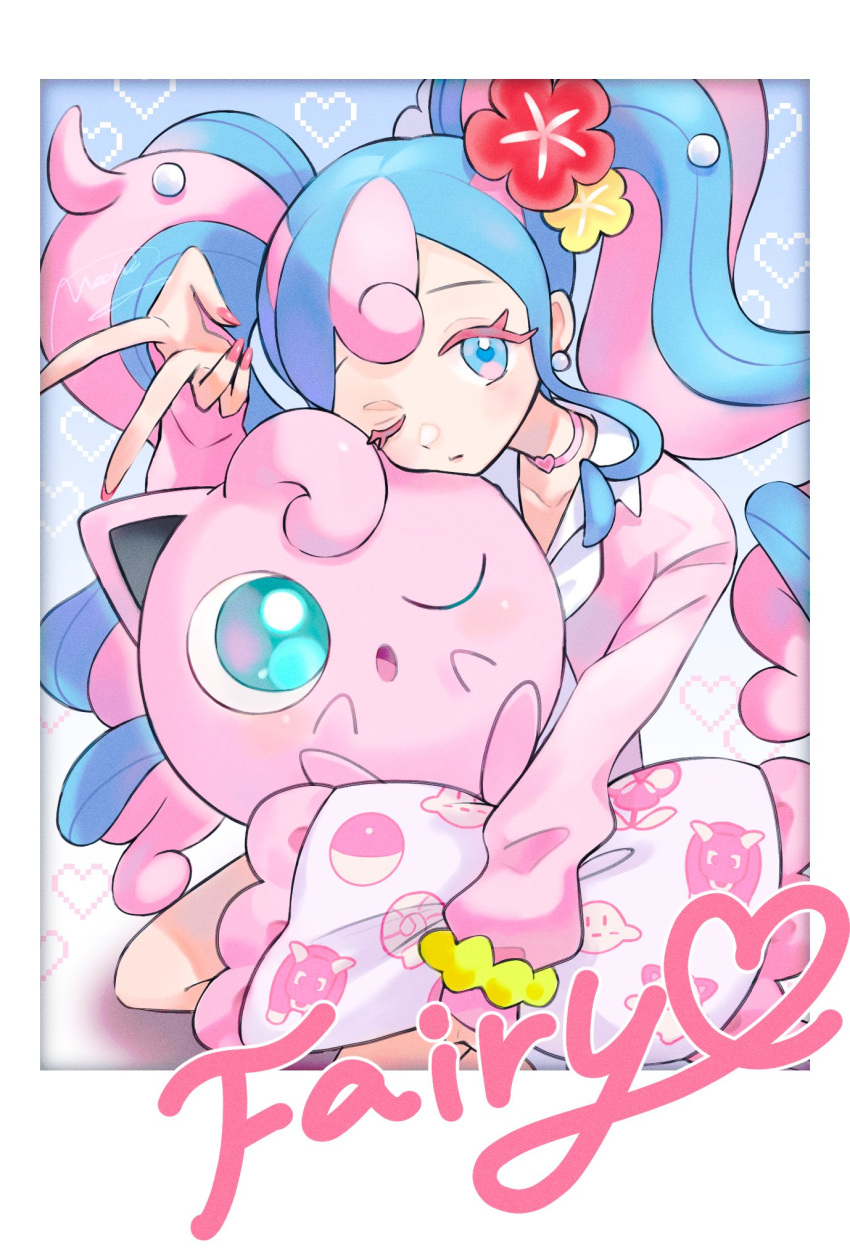 1girl bull_sprite_(pokemon) cardigan choker fairy_miku_(project_voltage) fish_sprite_(pokemon) flower fossil_sprite_(pokemon) hair_flower hair_ornament hatsune_miku heart heart_choker highres jigglypuff long_hair looking_at_viewer mobbbt multicolored_hair nail_polish one_eye_closed pink_cardigan pink_nails pokemon pokemon_(creature) project_voltage scrunchie twintails two-tone_hair v very_long_hair vocaloid wrist_scrunchie