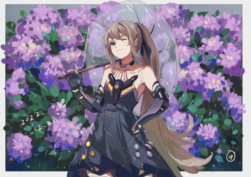 1girl absurdres baimanchuan bare_arms bare_shoulders black_dress brown_eyes brown_hair dated dress flat_chest flower_request highres holding holding_umbrella long_hair looking_at_viewer mechanical_arms nanami:_pulse_(punishing:_gray_raven) nanami_(punishing:_gray_raven) one_eye_closed ponytail punishing:_gray_raven sidelocks solo transparent transparent_umbrella umbrella very_long_hair