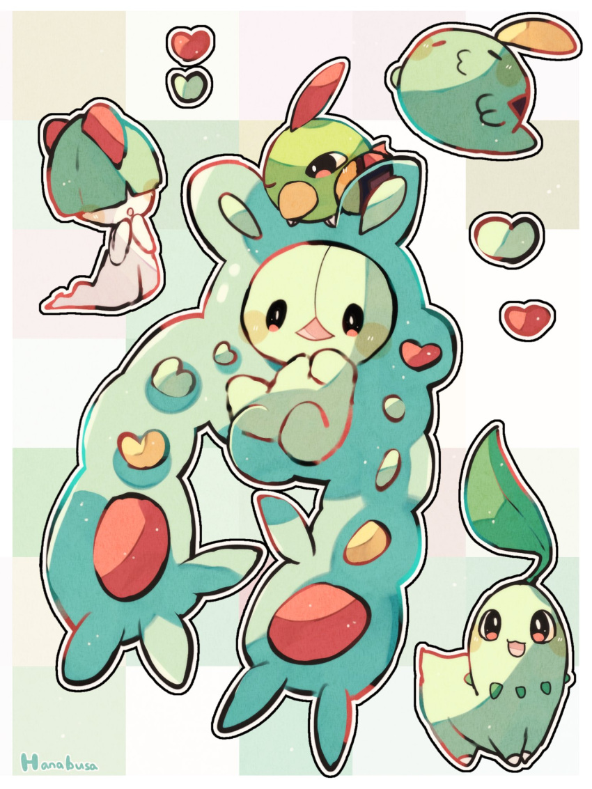 :d :o animal_focus artist_name beak bird chikorita colored_skin commentary_request floating green_skin green_theme gulpin hanabusaoekaki heart highres leaf natu no_humans one_eye_closed open_mouth pokemon pokemon_(creature) ralts red_eyes reuniclus smile solid_oval_eyes white_skin