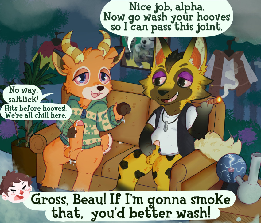 animal_crossing antelope anthro beau_(animal_crossing) big_penis bodily_fluids bong bovid canid canine canis circumcised cum drugs duo foreskin furniture genital_fluids genitals hi_res kyle_(animal_crossing) male mammal marijuana nintendo on_sofa penis penis_size_difference red_sclera sin_tokki sitting sitting_on_sofa small_penis sofa stoned substance_intoxication wolf