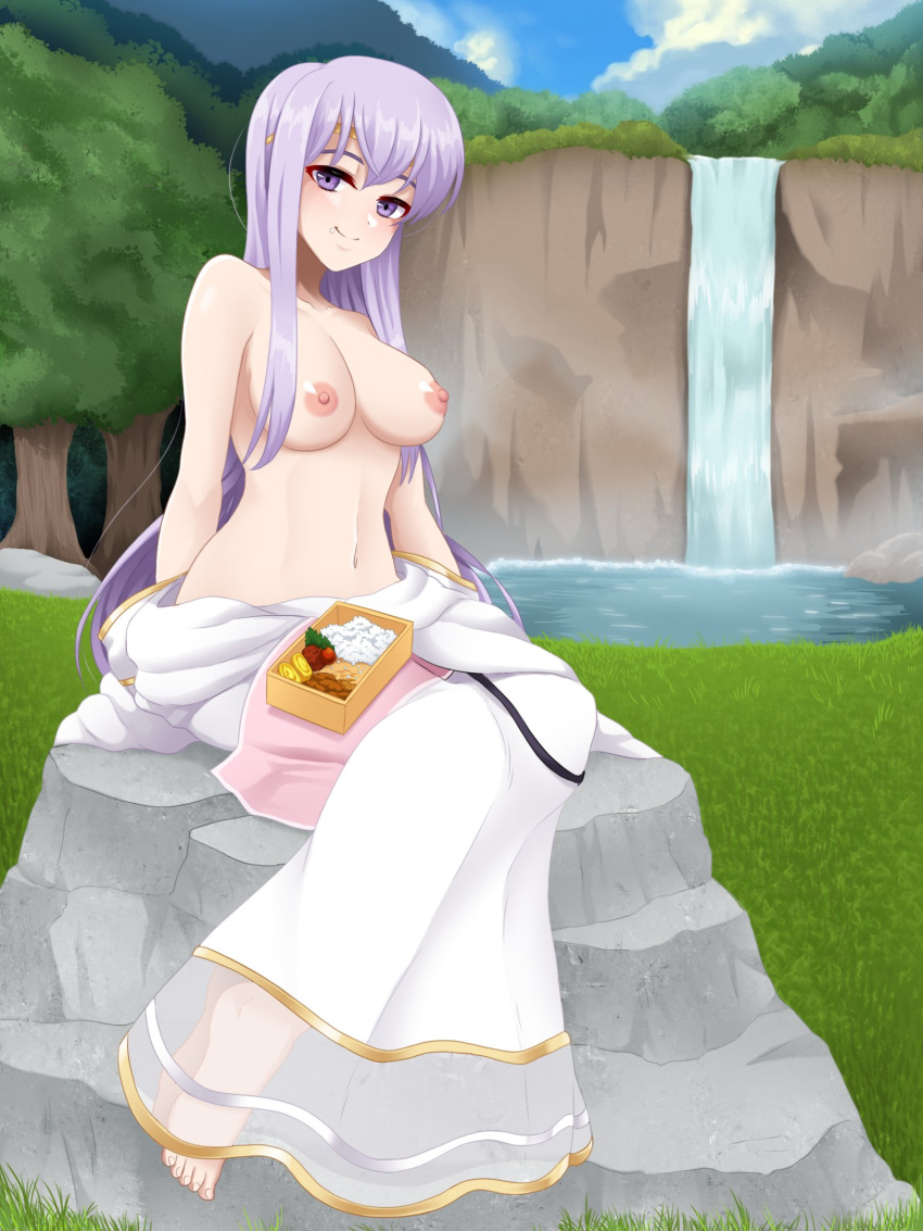 1girl barefoot bento blush breasts circlet clothes_removed commission commissioner_upload dress fire_emblem fire_emblem:_genealogy_of_the_holy_war fire_emblem_heroes food food_on_face forest highres incognigoat julia_(fire_emblem) lake light_purple_hair long_hair looking_at_viewer nature navel nipples no_bra picnic purple_eyes rice rock sitting sky smile solo tomato tree undressing water waterfall white_dress