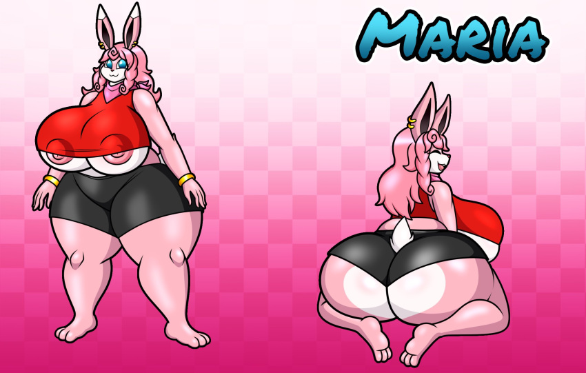 al_gx anthro big_breasts big_butt bottomwear breasts butt clothed clothing female generation_1_pokemon hair hi_res maria_(bunbun_maria) nintendo nipples pink_body pink_hair pink_nipples pokemon pokemon_(species) scarf scut_tail shirt short_tail shorts smile solo tail topwear wigglytuff