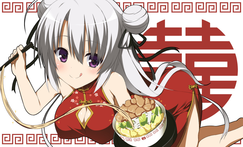 1girl :q absurdres all_fours aria. ayachi_nene bare_arms bare_legs bare_shoulders black_ribbon blush breasts china_dress chinese_clothes chopsticks cleavage cleavage_cutout closed_mouth clothing_cutout commentary curvy double_bun dress eyelashes eyes_visible_through_hair food hair_between_eyes hair_bun hair_ribbon hair_spread_out happy highres holding holding_chopsticks holding_tray large_breasts leaning_forward long_hair looking_at_viewer meme menkata_(meme) noodles ramen red_dress ribbon sanoba_witch simple_background smile solo sparkling_eyes thighs tongue tongue_out tray very_long_hair white_background white_hair