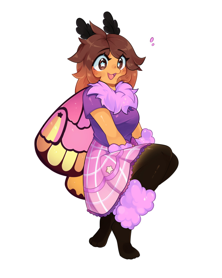 :3 absurd_res ankle_tuft antennae_(anatomy) anthro arm_tuft arthropod barefoot beauty_mark black_hands black_legs blush blush_lines bottomwear breasts brown_eyes brown_hair clothed clothing digital_media_(artwork) feet female fluffy fur gradient_hair hair happy hi_res insect insect_wings knealing knees_together leg_tuft lepidopteran lepidopteran_wings long_hair markings medium_breasts mistysnugglebug mole_(marking) moth multicolored_hair neck_tuft open_mouth orange_body orange_fur pattern_clothing pink_bottomwear pink_clothing pink_skirt pink_tongue plaid plaid_clothing pose purple_top shirt skirt slightly_chubby smile solo star_pupils sunset_calliope_(mothpoff) tongue topwear tuft wide_hips wing_pattern wings wrist_tuft