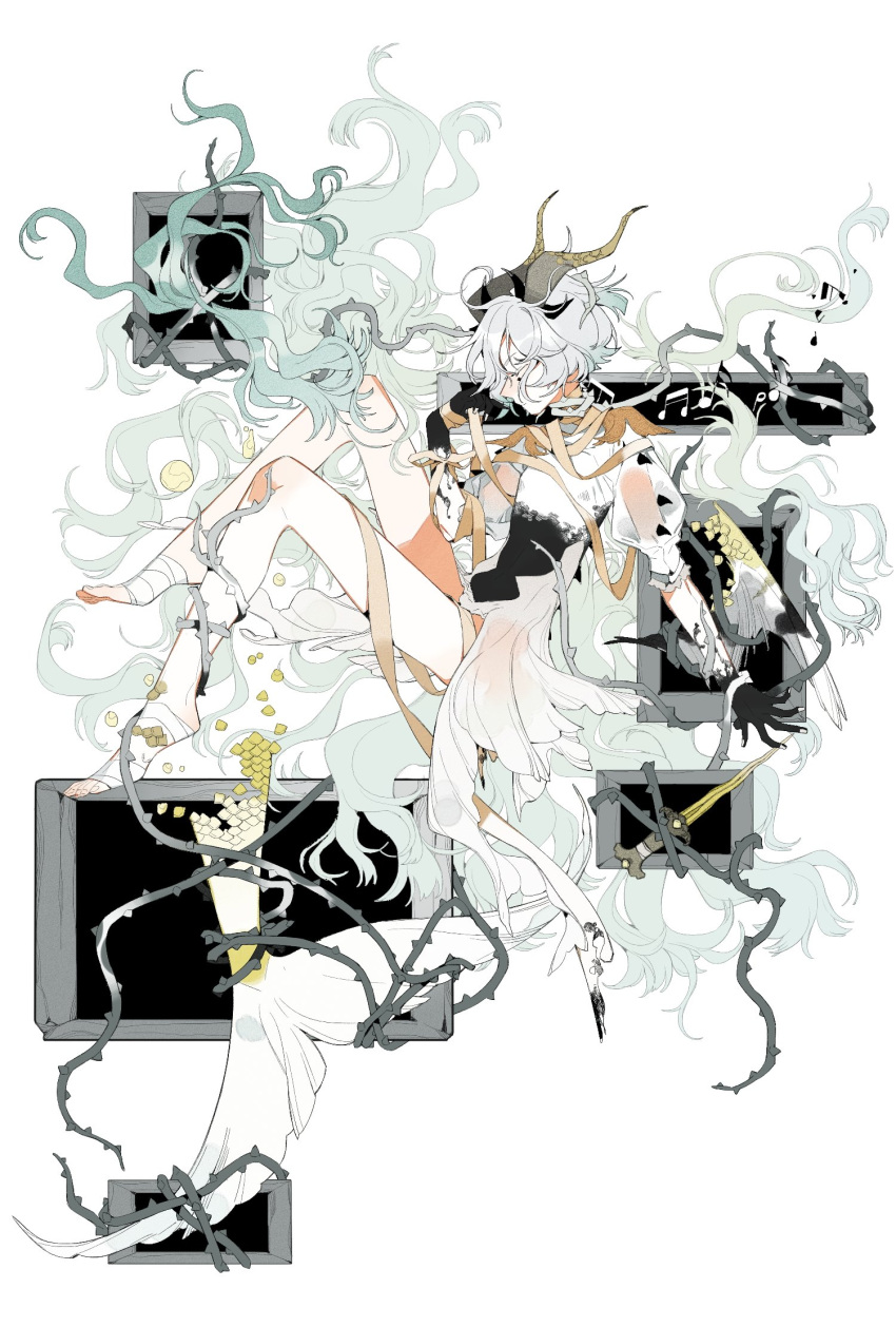 1girl bandaged_foot bandages barefoot black_gloves black_horns closed_eyes dress floating full_body gloves green_hair grey_hair highres horns large_horns leg_ribbon long_hair long_sleeves maobing_maobing mermaid monster_girl neck_ribbon orange_ribbon original plant puffy_long_sleeves puffy_sleeves ribbon see-through see-through_sleeves short_dress short_hair sleeves_past_elbows solo thorns transformation trapped vines white_background white_dress white_sleeves window yellow_scales