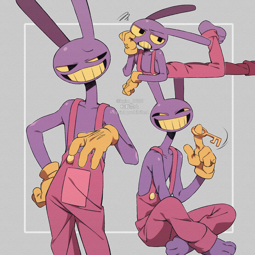 1boy absurdres colored_skin gloves highres holding holding_key jax_(the_amazing_digital_circus) kageimo key male_focus multiple_views overalls pink_overalls purple_skin rabbit_boy simple_background smile the_amazing_digital_circus yellow_gloves yellow_teeth