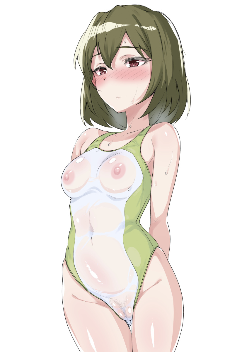 1girl absurdres arms_behind_back blush breasts brown_hair commentary_request competition_swimsuit covered_navel echihiro female_pubic_hair highres idolmaster idolmaster_million_live! medium_breasts nagayoshi_subaru nipples one-piece_swimsuit pubic_hair red_eyes see-through see-through_swimsuit short_hair simple_background solo swimsuit wet wet_clothes wet_swimsuit white_background