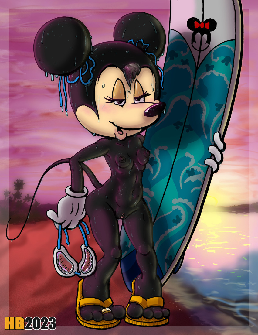 anthro beach black_body black_fur breasts clothing digit_ring disney eyewear female footwear fur genitals gloves goggles handwear hentai_boy_(artist) hi_res jewelry mammal minnie_mouse mouse murid murine nude pussy ribbons ring rodent sandals seaside solo solo_focus sunset surfboard toe_ring wet wet_body