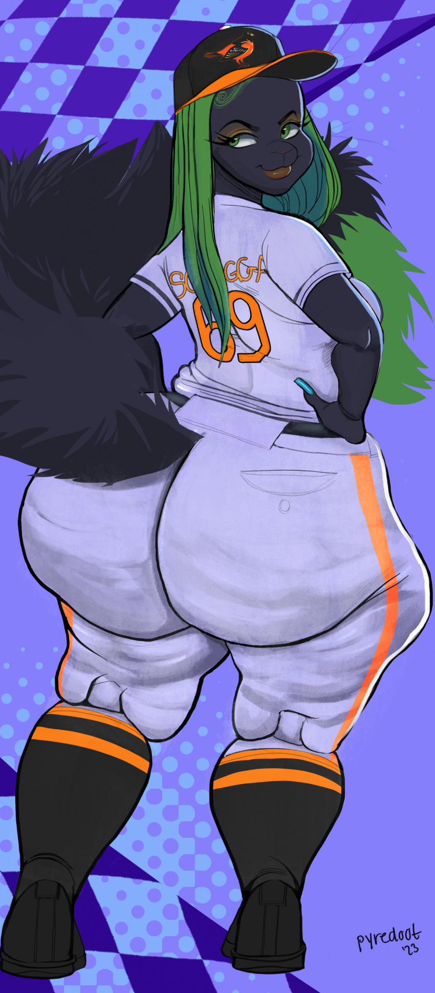 absurd_res anthro baseball_cap baseball_uniform big_butt black_body black_fur butt cellulite clothing digital_media_(artwork) female footwear fur green_body green_eyes green_fur green_hair hair hands_on_hips hat headgear headwear hi_res hip_dips huge_butt huge_hips knee_highs knee_socks legwear long_nails looking_back mammal pear-shaped_figure pyredaemos rear_view rodent sciurid smile socks solo sportswear squigga tight_clothing tree_squirrel uniform wide_hips