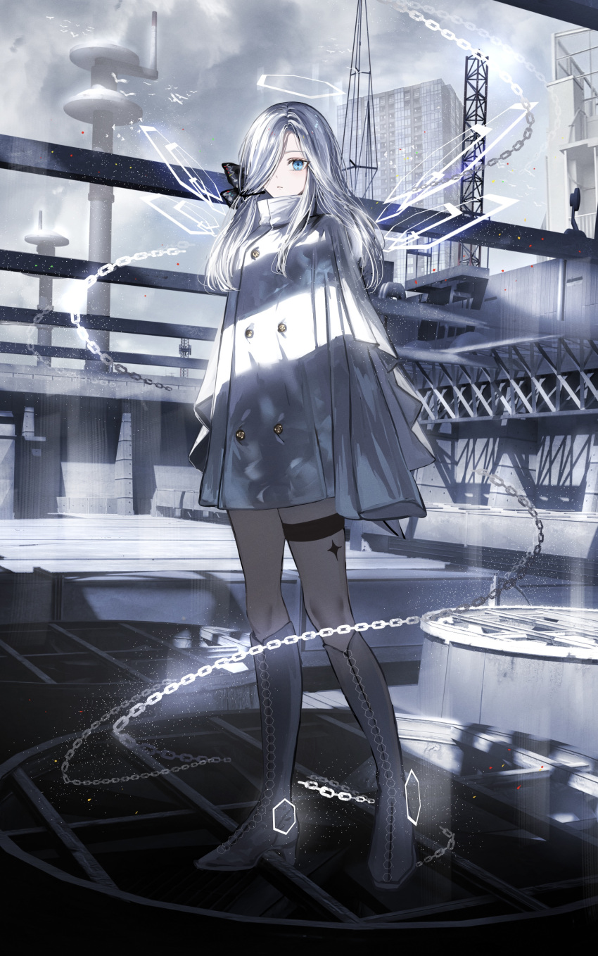 1girl absurdres blue_eyes boots building buttons chain chimney cloud cloudy_sky coat double-breasted full_body gawako hair_over_one_eye halo high_collar high_heel_boots high_heels highres looking_at_viewer original outdoors rooftop sky skyscraper solo standing thigh_strap white_coat white_footwear white_hair