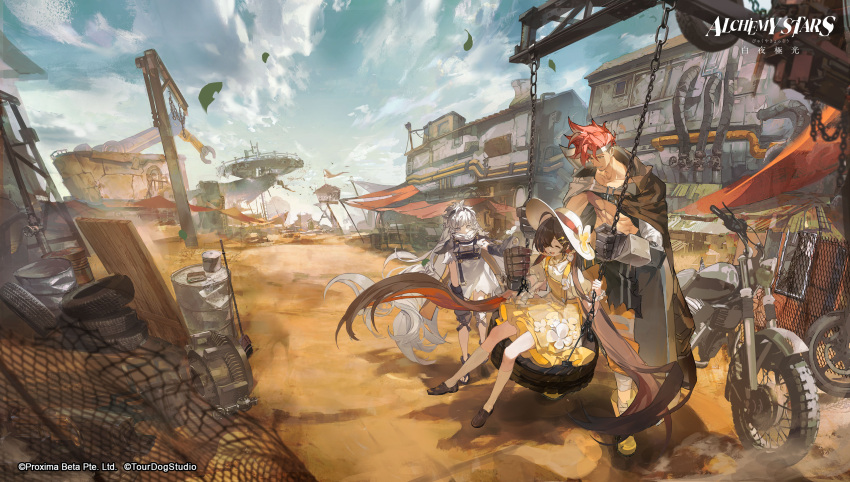 1boy 2girls absurdres alchemy_stars dawn_(alchemy_stars) desert dress eve_(alchemy_stars) eyepatch flower hair_ornament hat hat_flower highres light_rays long_hair mechanical_arms motor_vehicle motorcycle multiple_girls official_art outdoors red_hair single_mechanical_arm sinsa_(alchemy_stars) smile sun_hat sunbeam sunlight tire_swing very_long_hair white_hair