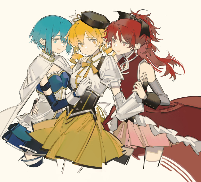 3girls absurdres blonde_hair blue_eyes blue_hair capelet corset drill_hair fingerless_gloves gloves hair_between_eyes hair_ribbon hand_around_waist hat high_ponytail highres holding_hands long_hair looking_at_another looking_to_the_side magical_girl mahou_shoujo_madoka_magica miki_sayaka multiple_girls neck_ribbon red_eyes red_hair ribbon rin_lingsong sakura_kyoko short_hair sketch skirt smile soul_gem thighhighs tomoe_mami twin_drills twintails white_background white_capelet white_gloves yellow_eyes