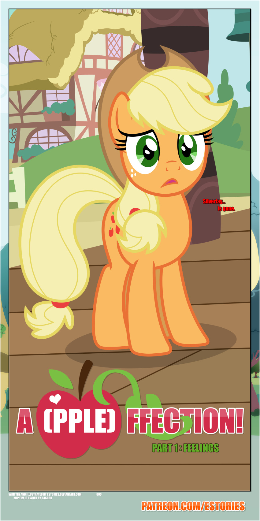 absurd_res accessory applejack_(mlp) black_border border building clothing cowboy_hat cutie_mark dialogue ears_up earth_pony equid equine estories female feral floor freckles friendship_is_magic frown hair_accessory hair_tie hasbro hat headgear headwear hi_res horse mammal my_little_pony outside plant pony ponyville shrub solo too_late train_station tree wood wood_floor
