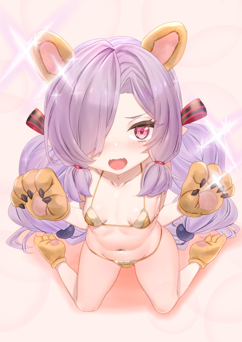 1girl animal_ears animal_hands bikini blush breasts claws collarbone commentary_request fake_animal_ears fangs full_body gloves gold_bikini granblue_fantasy hair_over_one_eye hair_over_shoulder hair_ribbon highres kneeling long_hair looking_at_viewer low_tied_sidelocks meshiya navel niyon_(granblue_fantasy) open_mouth paw_gloves paw_shoes petite pink_eyes purple_hair ribbon small_breasts solo striped striped_ribbon swimsuit twintails very_long_hair