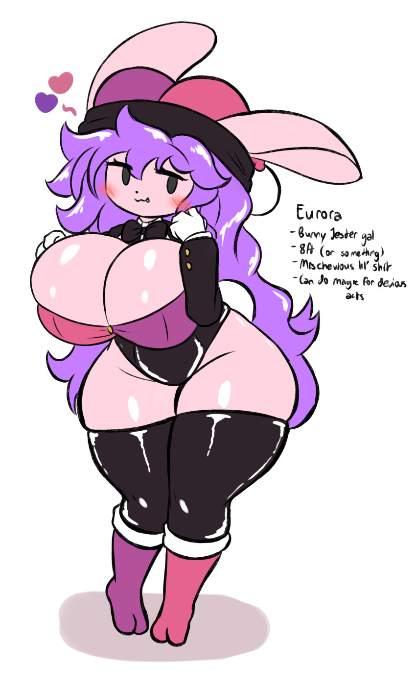 &lt;3 absurd_res anthro big_breasts big_butt blush breasts butt cleavage clothed clothing eurora_(woebeeme) fangs female fool's_hat fur hair hat headgear headwear hi_res huge_breasts huge_butt huge_thighs lagomorph leporid long_hair mammal model_sheet pink_body pink_fur purple_hair rabbit shadow simple_background simple_eyes smile solo standing teeth text thick_thighs wide_hips woebeeme