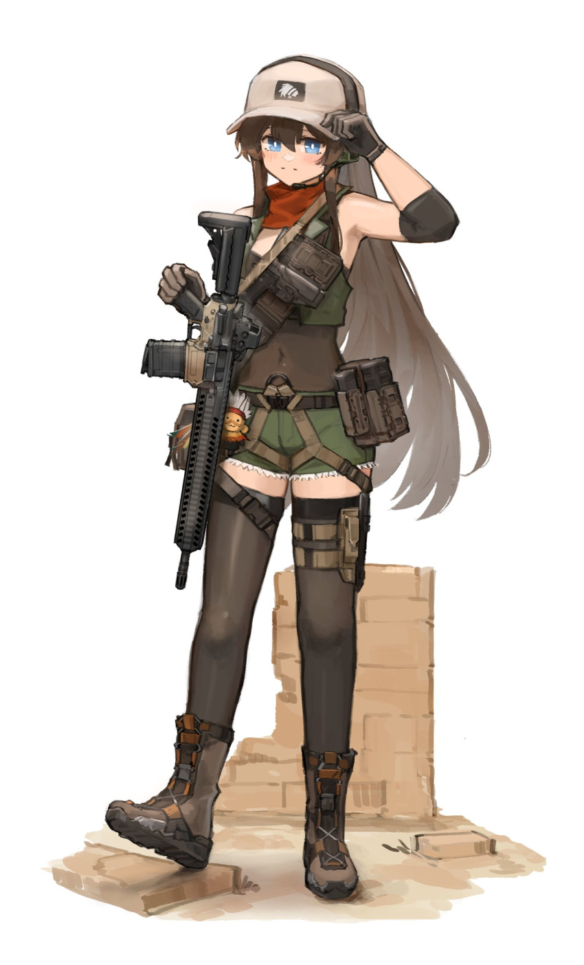 1girl ammunition_pouch armpits battle_rifle black_thighhighs blue_eyes blush breasts brown_footwear brown_hair cm901_(girls'_frontline) colt_cm901 covered_navel ear_protection elbow_sleeve girls'_frontline gloves green_shorts gun gun_sling hair_between_eyes hand_on_headwear hand_on_weapon hand_up hat highres long_hair looking_at_viewer magazine_(weapon) microphone neck_warmer optical_sight pouch rifle shorts small_breasts solo thighhighs weapon xerbatt
