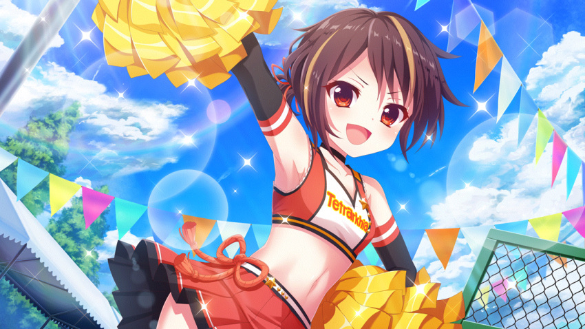 1girl :d arm_up armpits bandou_mikuru black_gloves blonde_hair blue_sky breasts brown_hair cheerleader cloud collarbone contrapposto crop_top day dot_nose elbow_gloves film_grain from_below game_cg gloves group_name izumi_tsubasu lens_flare looking_at_viewer midriff multicolored_hair navel non-circular_lens_flare non-web_source official_art open_mouth outdoors pole pom_pom_(cheerleading) re:stage! red_eyes red_skirt rope shimenawa short_hair short_ponytail skirt sky small_breasts smile solo sparkle star_(symbol) streaked_hair string_of_flags sunlight tree two-tone_hair