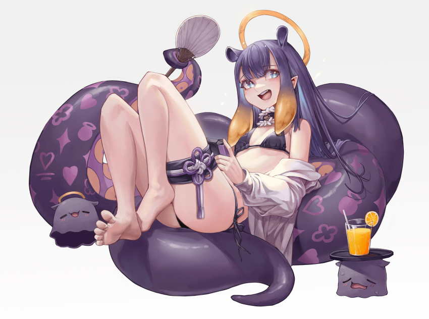 1girl absurdres bikini black_bikini blue_eyes blunt_bangs breasts center-flap_bangs cup drinking_glass drinking_straw feet flower_knot food fruit fur-trimmed_choker gradient_hair halo hand_fan handheld_game_console highres holding holding_handheld_game_console hololive hololive_english igonnaswing knees_up legs long_hair looking_to_the_side lying multicolored_hair ninomae_ina'nis object_on_head on_back open_mouth orange_(fruit) orange_hair orange_juice orange_slice pointy_ears purple_hair shirt shirt_partially_removed side-tie_bikini_bottom simple_background small_breasts smile soles straight_hair swimsuit takodachi_(ninomae_ina'nis) teeth tentacle_hair tentacles thigh_strap toes tray upper_teeth_only virtual_youtuber white_background white_shirt