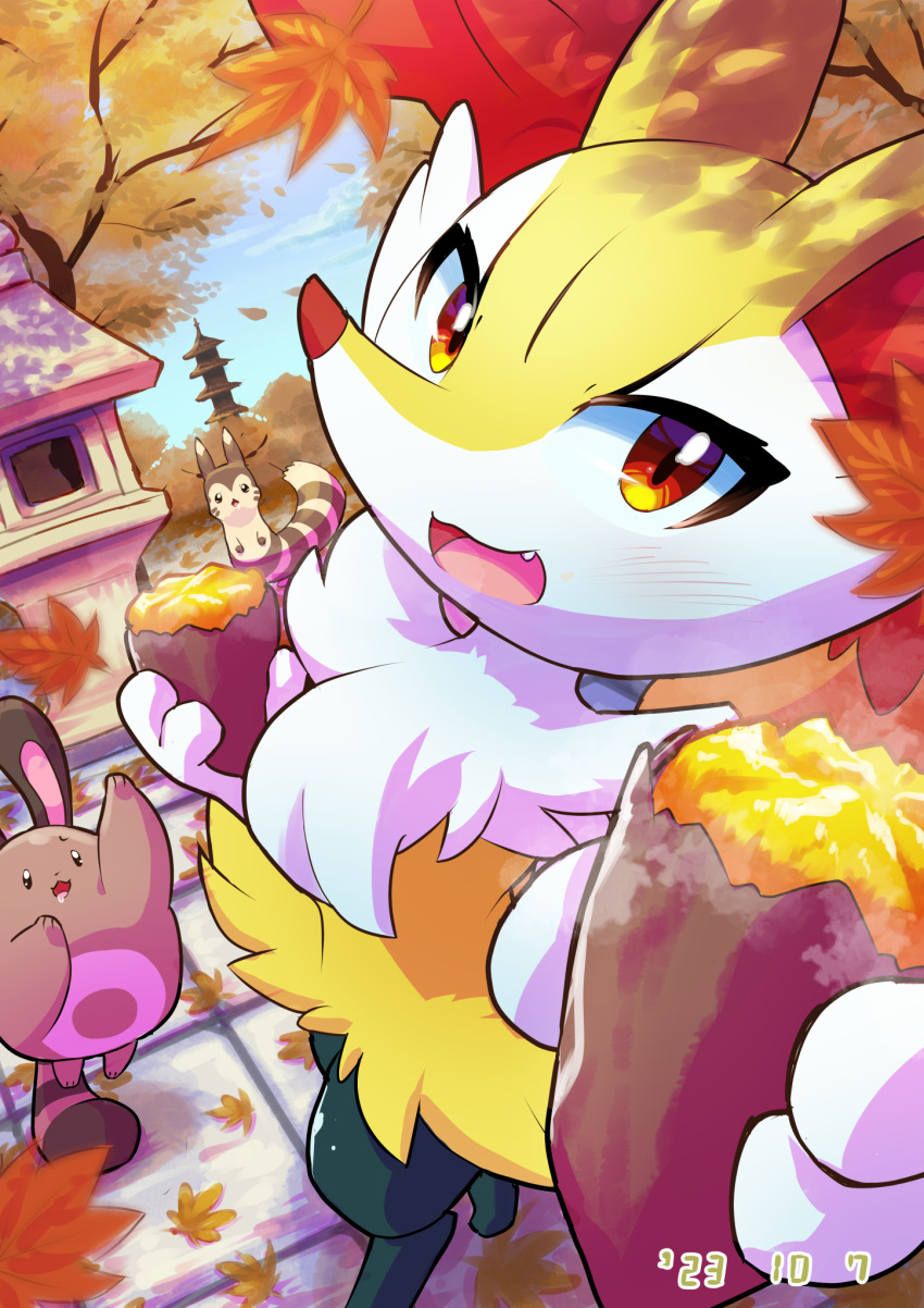 1girl :3 animal_ear_fluff animal_ears animal_nose autumn autumn_leaves black_fur blush body_fur braixen commentary_request dappled_sunlight dated day drooling dutch_angle fang food foreshortening fox_ears fox_girl fox_tail furret furry furry_female hands_up happy highres holding holding_food hungry incoming_food light_blush looking_at_viewer multicolored_fur nanahoshi_(wadorigi) neck_fur open_mouth outdoors pagoda partial_commentary pokemon pokemon_(creature) red_eyes roasted_sweet_potato saliva sentret smile snout solo_focus standing steam stone_lantern sunlight sweet_potato tail tree white_fur yellow_fur