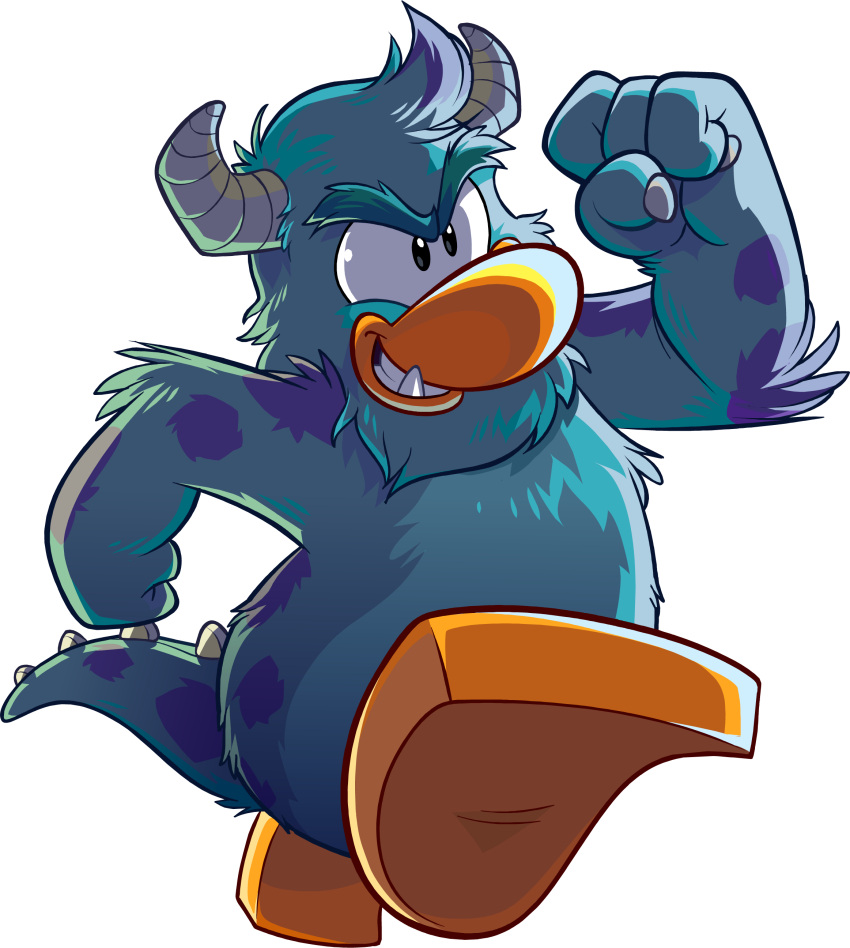 absurd_res blue_body blue_fur clenched_hands clenched_teeth club_penguin crossover disney full-length_portrait fur hi_res horn male monster monsters_inc official_art pixar portrait purple_spots running solo spots spotted_body spotted_fur sulley tail teeth unknown_artist