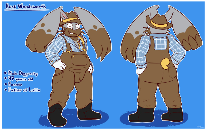 2023 absurd_res anthro big_ears black_boots black_clothing black_eyes black_footwear blue_background blue_clothing blue_shirt blue_topwear boots border brown_body brown_clothing brown_fur brown_hat brown_headwear brown_overalls buck_woodsworth checkered_clothing checkered_shirt checkered_topwear chest_tuft clothed clothing diggersby dipstick_ears english_text felino footwear front_view fur furgonomics generation_6_pokemon grey_body grey_fur grin hands_on_hips hat headgear headwear hi_res lagomorph male mammal model_sheet multicolored_ears nintendo open_clothing open_shirt open_topwear overweight overweight_anthro overweight_male pattern_clothing pattern_shirt pattern_topwear pink_inner_ear pink_nose pokemon pokemon_(species) rear_view shirt simple_background smile solo text topwear tuft wheat white_body white_border white_clothing white_fur white_shirt white_topwear yellow_body yellow_fur