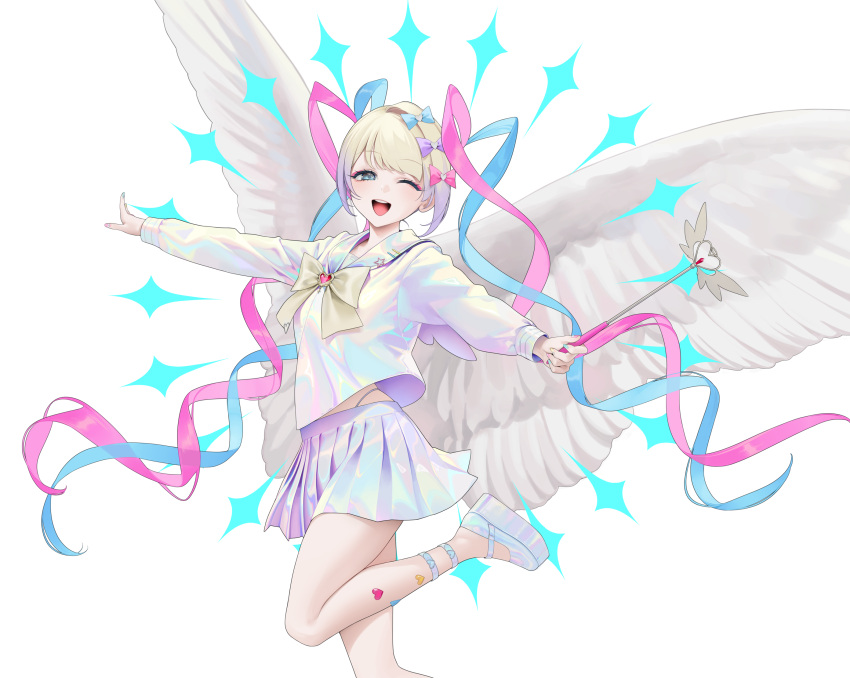 1girl angel angel_wings blonde_hair blue_eyes blue_hair bow chouzetsusaikawa_tenshi-chan cloud gem heart_wand highres holographic_clothing long_hair looking_at_viewer magical_girl multicolored_hair needy_girl_overdose ohisashiburi open_mouth pink_hair platform_footwear platform_heels pleated_skirt purple_hair quad_tails saint school_uniform serafuku skirt star_(symbol) teeth upper_teeth_only very_long_hair wings