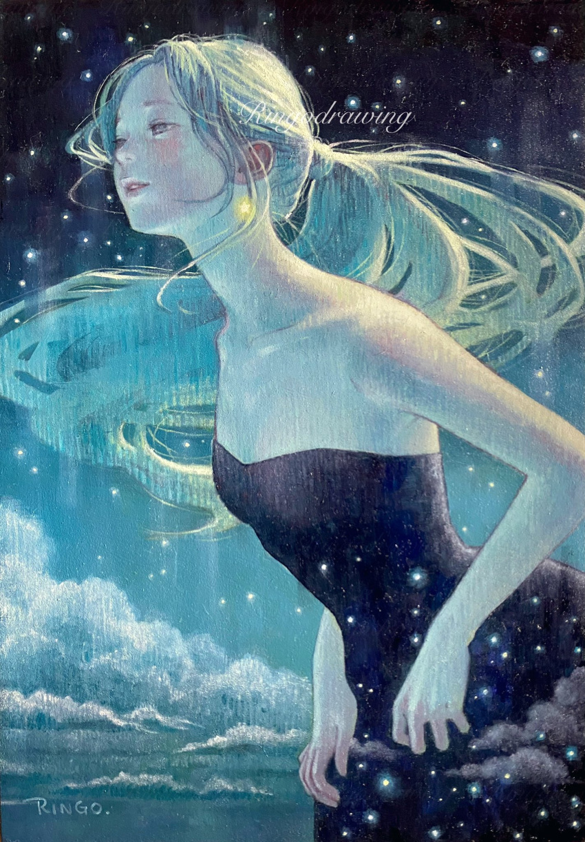 1girl bare_shoulders black_dress blonde_hair blush breasts cloud commentary_request dress earrings floating_hair grey_eyes highres jewelry long_hair looking_to_the_side oil_painting_(medium) original painting_(medium) parted_lips ponytail ringodrawing sky small_breasts solo star_(sky) star_(symbol) star_earrings starry_sky strapless strapless_dress traditional_media upper_body very_long_hair
