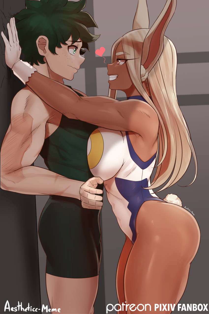 &lt;3 aestheticc-meme against_surface against_wall animal_humanoid athletic breasts butt dark_body dark_skin duo female green_eyes green_hair hair hi_res human human_on_humanoid humanoid interspecies izuku_midoriya lagomorph lagomorph_humanoid leporid_humanoid male male/female mammal mammal_humanoid my_hero_academia rabbit_humanoid rumi_usagiyama smile standing white_hair