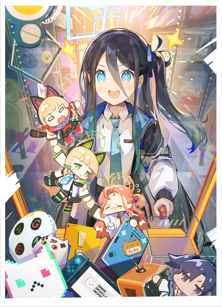 5girls absurdres animal_ear_headphones animal_ears aris_(blue_archive) black_hair blonde_hair blue_archive blue_eyes blue_hair blue_necktie chibi closed_eyes collared_shirt crane_game fake_animal_ears game_development_department_(blue_archive) green_eyes green_halo halo handheld_game_console headphones highres jacket midori_(blue_archive) momoi_(blue_archive) multiple_girls necktie orange_hair orange_halo red_halo shirt side_ponytail toy wide_oval_eyes yu-x yuuka_(blue_archive) yuzu_(blue_archive)