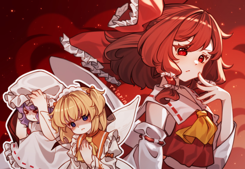 &gt;_&lt; 3girls artist_name blonde_hair brown_hair detached_sleeves fairy frown hakurei_reimu hands_on_own_head hat japanese_clothes medium_hair miko mob_cap multiple_girls purple_eyes purple_hair red_eyes remilia_scarlet sunny_milk tearing_up tojorin touhou white_headwear wings